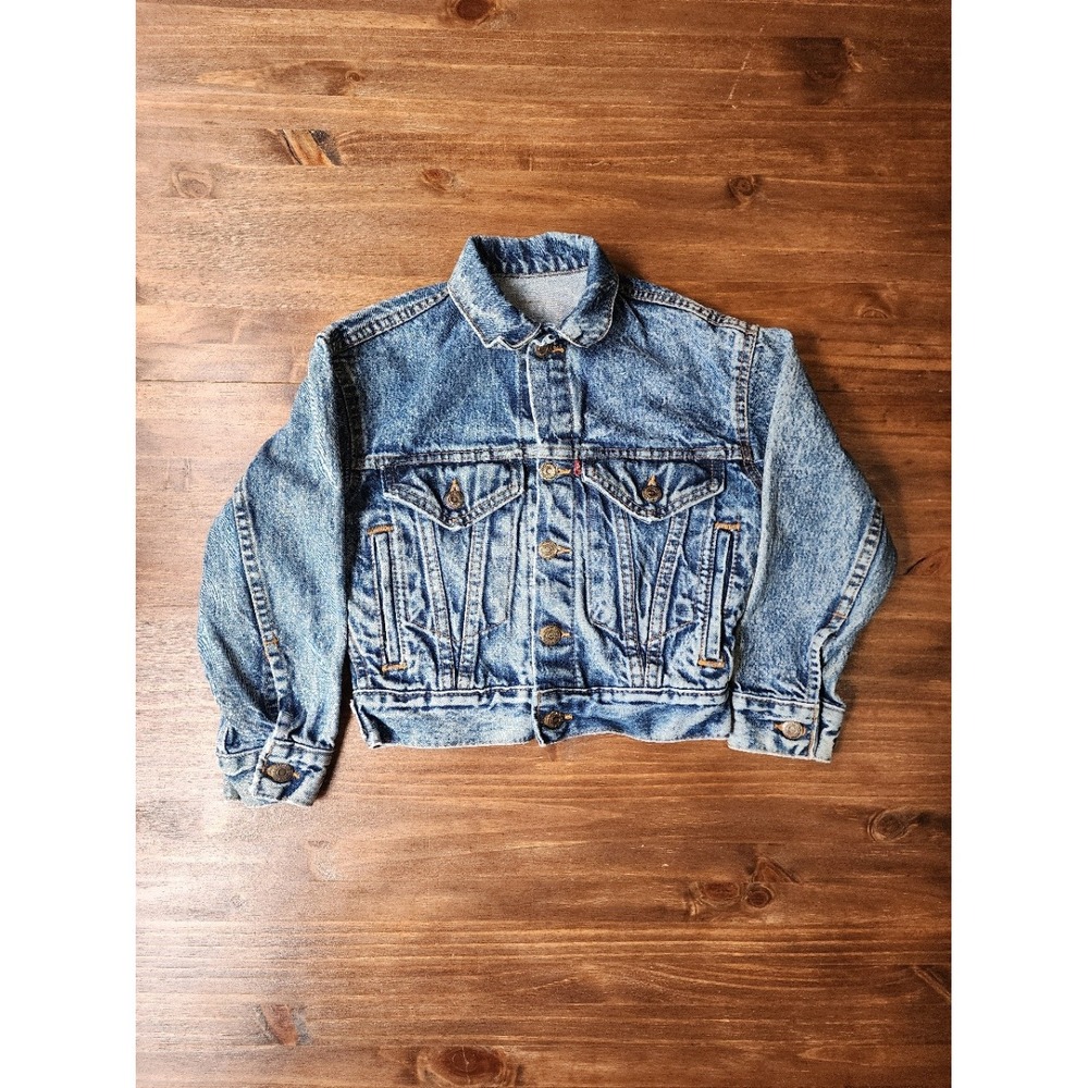 VTG 80s Levis Acid Wash Denim Trucker Jacket Kids Size 7 Unisex USA Flag Patch